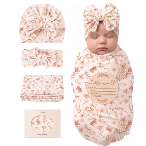 Konssy Baby Swaddle Blanket Set for Girl, 4-Piece Newborn Receiving Blanket | Soft & Stretchy, Matching Bow Hat, Headband & Wooden Sign, Floral & Solid, Newborn Photo and Birth Announcement (Pink Spring)