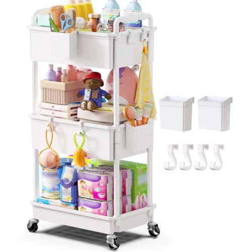 Goovilla Diaper Cart with Lockable Wheels and Easy Assembly, 3 Tier White Rolling Cart for Baby Nursery Storage, Sturdy Ample Diaper Caddy Organizer for Baby Girl, Boy, New Mom, Newborn Essentials