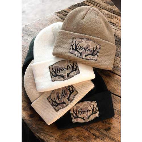 Personalized Camo Name Beanie with antlers - Style BL
