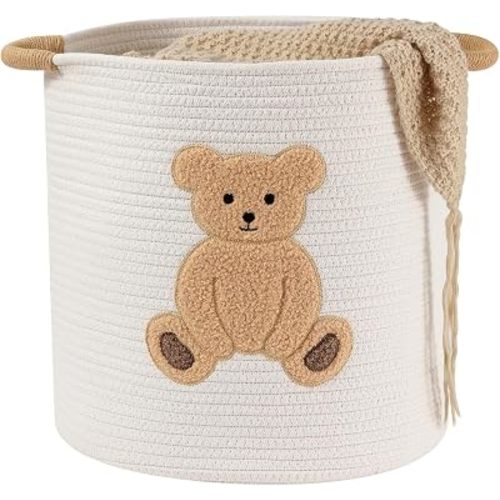 Large Blanket Baskets for Living Room, Teddy Bear Baskets Toy Storage Basket, 14" x 14" Woven Cotton Rope Basket for Kids, Toys Organizer Clothes Hamper with Embroidery, Teddy Bear Nursery Decor