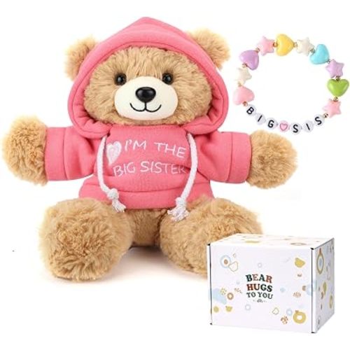 Osacoe “I’m The Big Sister” Teddy Bear Stuffed Animal with Gift Box Removable Pink Hoodie Bracelet, Big Sister Gifts for Girls Who Promoted to Big Sister with Beautiful Greeting Card