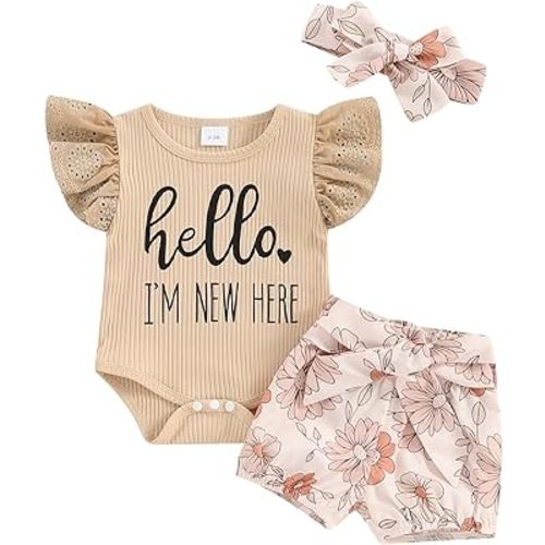 Hello World Newborn Outfit Baby Girl Going Home Outfit Ruffle Ribbed Romper Top Floral Pants Set Cute Summer Clothes