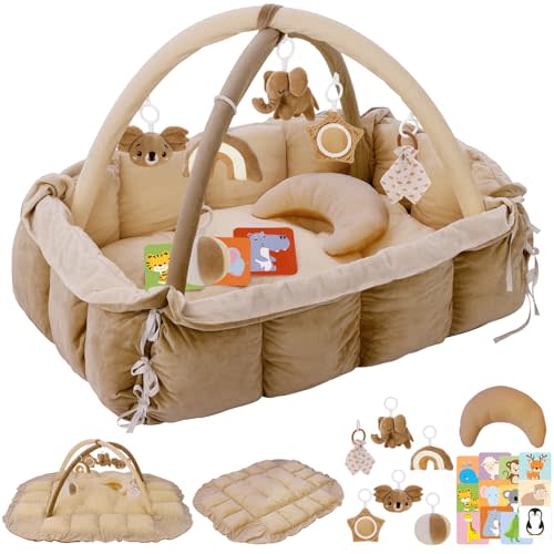 5-in-1 Plush Baby Play Gym, Baby Play Mats, Convertible Baby Gym with Pillow, Tummy time mat, 6 Sensory Toys, Activity Center, Ball Pit, Brown