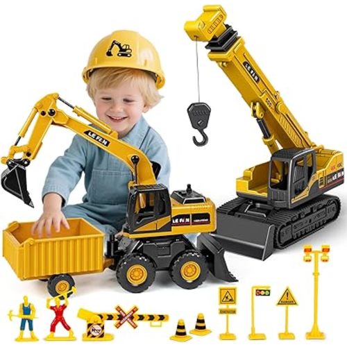 Kids Construction Toys for Boys - 3 in 1 Excavator, Crane and Dump Trucks with Road Signs for Toddlers Ages 3-5, Friction Power Construction Vehicles Model Car, Transport Truck Playset Birthday Gifts