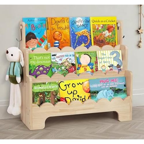 Kids Bookshelf Wooden 3-Tier, Scalloped Book Shelf for Kids Rooms, Front Facing Toddler Montessori Bookshelf, Baby Nursery Book Shelves Kid Classroom Book Shelf Bookcase