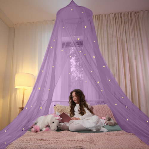 Bollepo Bed Canopy for Girls with Glowing Star Room Decor for Standard Bed Size Child Canopy Purple