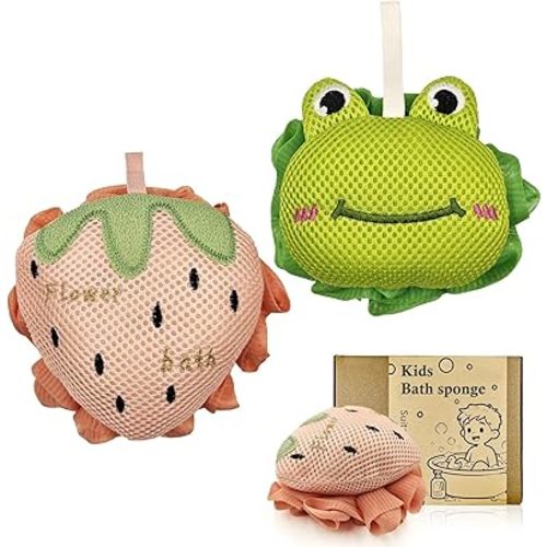 Kids Bath Sponge,Cute Kids Loofah Frog&Strawberry Shower Pouf,Soft Mesh Bath Loofah Fun Bath Accessories for Boys and Girls