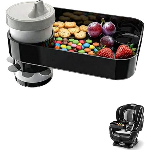 Kids Car Travel Tray Square for Car Snacks Tray, Car Seat Tray with Cup Holders for Stroller Snack Tray Travel Must Haves (Black)