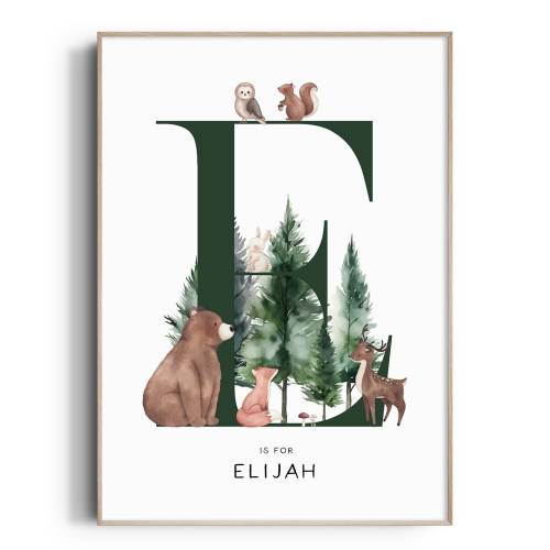Woodland Animal Initial Name Print, Personalised Nursery Print, Nursery Wall Art, Forest Animal Letter & Name Print, Nursery Decor