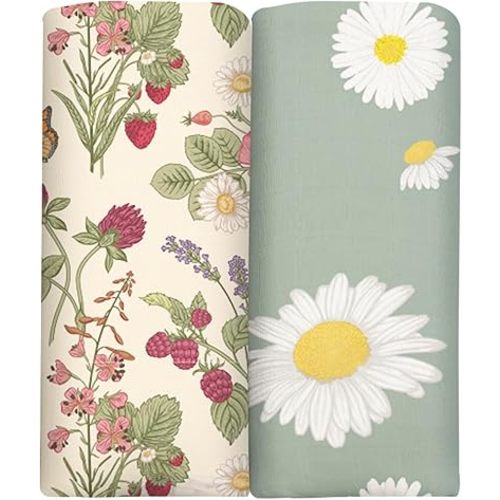 BabyWhale Swaddle Blankets for Baby Girl, 2-Pack Super Soft Viscose Bamboo Cotton Muslin Swaddles Blankets (Large 47" x 47"), Floral & Little Daisy Pattern, Newborn Baby Registry