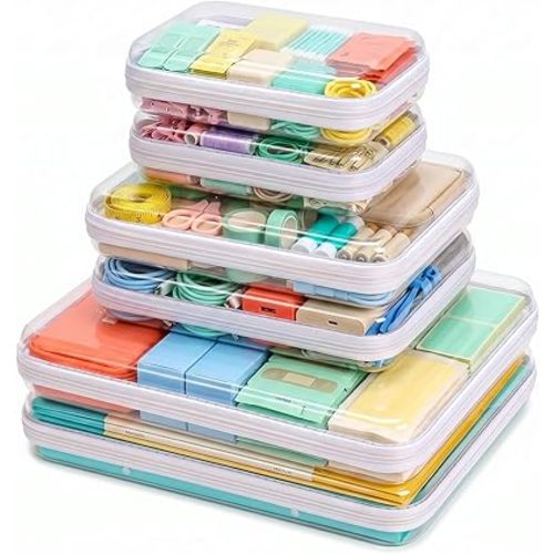 6 Pack Mixed Size White Clear Hard Shell Zipper Case, 2 Extra Large, 2 Large, 2 Small Clear Storage Organizer Bins with Zipper for Board Games, Toys, Cables, Crafts, Travel