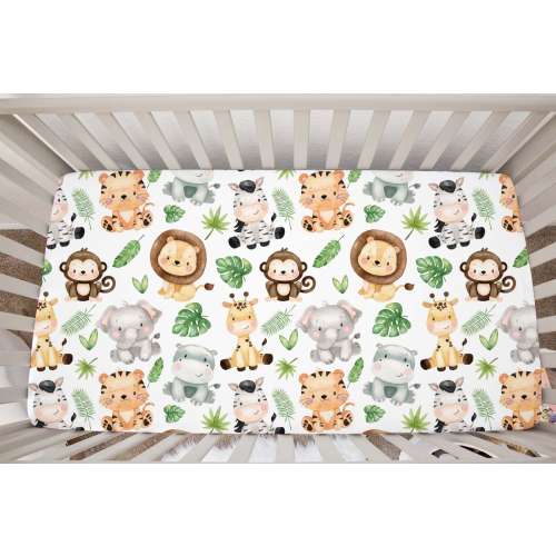 Safari Crib Sheet, Jungle Nursery Bedding, Crib Sheets Neutral, Baby Bedding, Gender Neutral Baby Gift, Fitted Crib Sheet - Sae