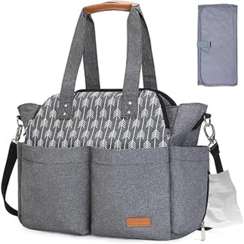Lekebaby Diaper Bag Tote, 17 Pockets Large Travel Diaper Tote Waterproof with Portable Changing Pad, Mom Crossbody Hospital Bag for Labor Delivery, Baby Essentials for Newborn Gifts, Grey