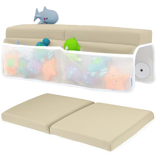 Comfortable Baby Bath Kneeler and Elbow Rest Pad Set  Thick Memory Foam Bath Kneeling Pad with Elbow Support  Baby Bathtub Cushion with Toy Organizer for Bathing Infant or Toddler - Beige