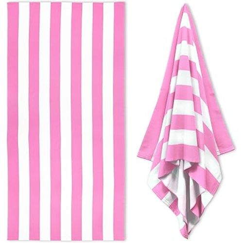 Large Oversized Beach Towel - 35 x 70 Inch Microfiber Pool Towel, Pink Striped Quick Dry Cabana Swim Towel