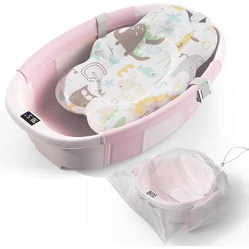 Collapsible Baby Bathtub - Large Baby Bath Tub with Thermometer & Cushion | Travel Portable Newborn Infant Bathtub | Foldable Toddler Bathtub for Baby 0 to 36 Months (Pink)