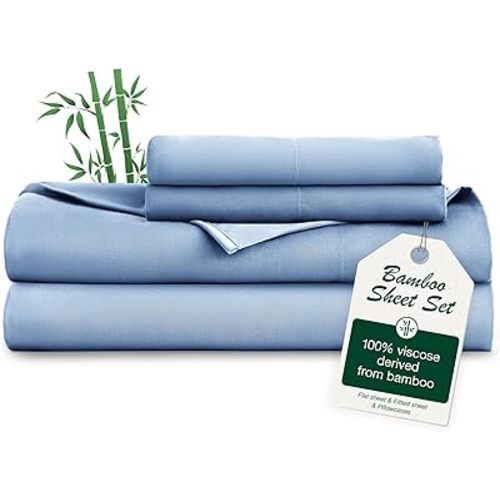 Love's cabin 4 Piece Full Size Sheet Set, Cooling Sheets, 100% Rayon Derived from Bamboo, Breathable & Soft Full Size Bed Set, Deep Pocket Up to 16", Hotel Luxury Silky Bedding Sheets, Mineral Blue