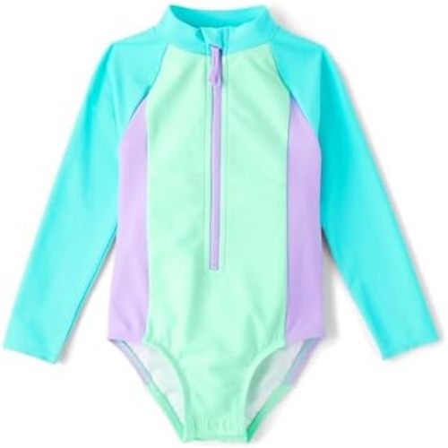 The Children's Place Girls' and Toddler Long Sleeve Half Zip One Piece Rashgaurd Swimsuit