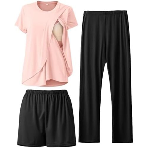 Rnxrbb 3 Piece Postpartum Nursing Pajamas Set Maternity Breastfeeding Pjs