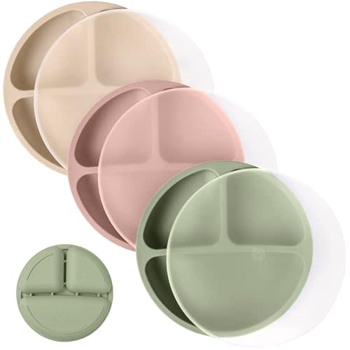 WeeSprout Silicone Plates with Lids for Babies & Toddlers (3 Pack) 100% Food-Grade Dishes for Self Feeding, Divided Design & Raised Edges for Picky Eaters, Dishwasher & Microwave Safe Weaning Supplies
