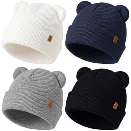 Konssy 4 Pack Baby Beanie with Bear Ear Warm Winter Hat for Newborn Infant
