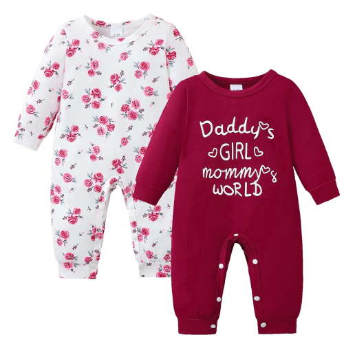 KIMI BEAR Newborn Baby Girl Romper 0-3 Months Clothing 2 Packs Shower Gift Long Sleeves Floral Letter Bodysuit One-piece Jumpsuit 2pcs Clothes Red