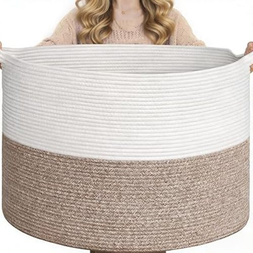Goodpick 65L Large Blanket Basket, Wowen Rope Basket with Handles for Toy & Pillows, Storage Baskets for Nursery Room, living Room, 19.7"x19.7"x12.6", Mele