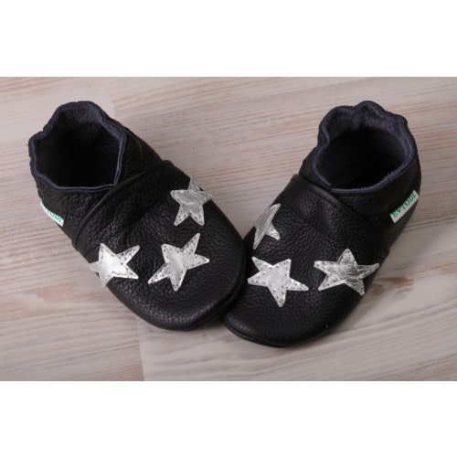 Black Leather Baby Shoes, Silver Stars, Soft Sole Baby Shoes, Celestial Baby Shower Gifts, Slippers Shoes, Boys', Girls', Toddler Booties