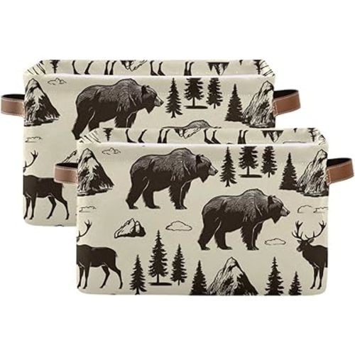 Aslsiy Storage Vintage Deer Bear Moose Nursery Bins National Park Baby Box Canvas Clothes Shelf Basket Laundry Hamper Gift for Home Closet 2 Pcs