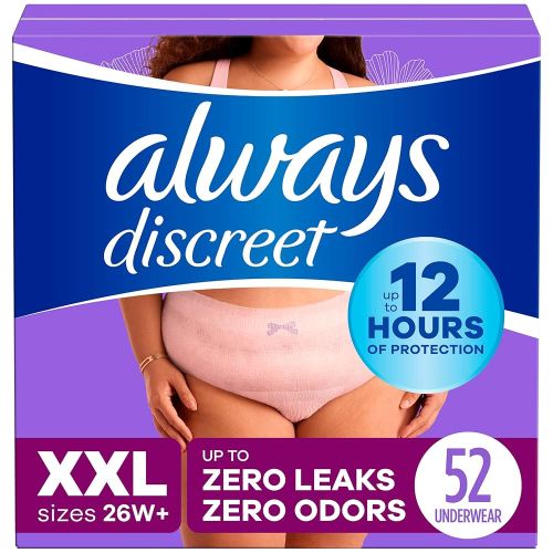 Always Discreet Adult Incontinence Underwear for Women and Postpartum Underwear, XXL, Up to 100% Bladder Leak Protection, 52 Count (4 Packs of 13)