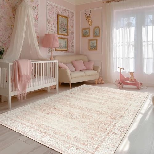 Light Pink Bedroom Rugs 6x9 Aesthetic Cute Boho Floral Feminine Soft Faux Wool Machine Washable Carpet Area Rugs for Kids Room Playroom Office