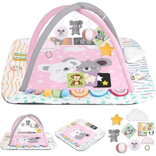 Baby Play Mat Activity Gym, 6 Developmental Zones Tummy Time Mat, 6 Detachable Sensory Toys and Educational Cards, Essential Baby Shower Set, Pink Koala