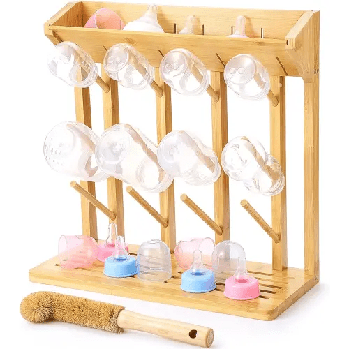 Geelin Bamboo Baby Bottle Drying Rack for 12 Bottles Large Vertical Baby Bottle Dryer Holder with Wooden Clean Brush Coconut Fibre Brush for Saving Space Busy Parents Quick Drying Easy Cleanup Storage
