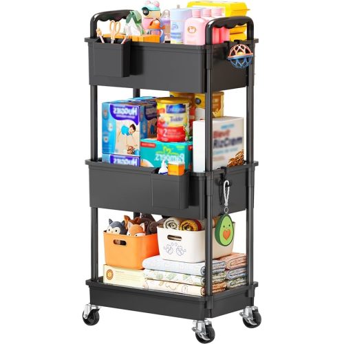 Baby Diaper Caddy Cart, 3 Tier Rolling Diaper Cart with Lockable Wheels for Nursery Essentials, Large Capacity & Easy Assemble Diaper Storage Organizer for Newborn,New Mom, Black