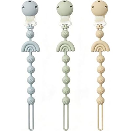 Baby Pacifier Clips One Piece Binky Clip Holder Silicone Teether Clip Pacifier Straps with Clip Baby Teether Toys for Boys and Girls Set of 3 Andy Bear-Ivory+Sage+Baby Blue