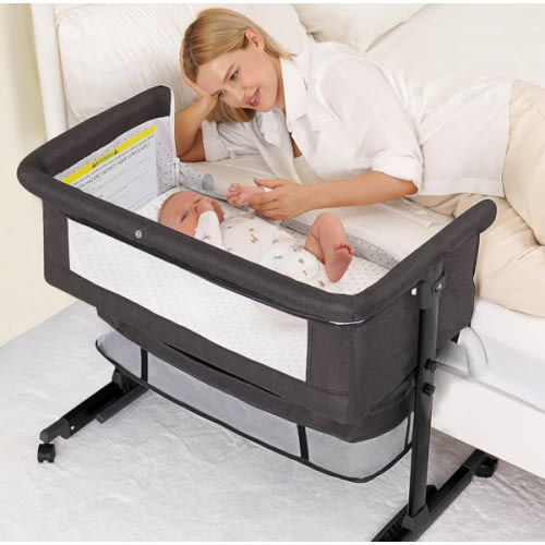 Baby Bassinet, 3 in 1 Bedside Bassinets for Baby, Bassinet Bedside Sleeper with Wheels, Adjustable Height with Rocking Mode, Breathable Mesh, Storage Basket, Easy Assemble & Folding (Dark Gray)