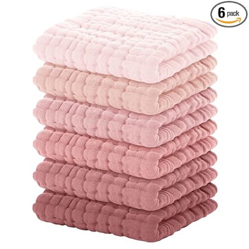Yoofoss Muslin Baby Washcloths 100% Organic Cotton Face Towels 6 Pack Wash Cloths for Baby 12x12in Soft and Absorbent Baby Wipes (Gradient Pink)