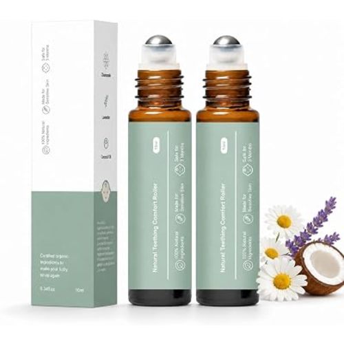 Teething Roller Botanical Care Oil Lavender Essential Oil, Chamomile and Coconut Oil, Roll Along Cheeks and Outer Jawline, Bedtime and Travel Use 2PC