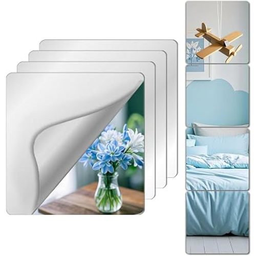 Unbreakable Mirror Tiles, 4PCS 10”x10” Peel And Stick on Mirror for Wall Mirrors Decorative, Toddlers for Kids Bedroom, Plastic Gym Frameless Door Small Adhesive Mirrors for Classroom Decor Stickers