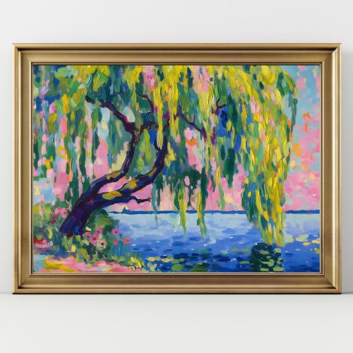 Willow Tree Wall Art Print, Impressionist Landscape Painting, Colorful Nature Artwork, Vibrant Lake Scene Decor, Weeping Willow Art