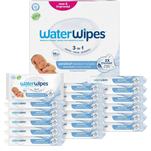 WaterWipes Sensitive+ Newborn & Baby Wipes, 3-In-1 Cleans, Cares, Protects, 99.9% Water, Unscented & Hypoallergenic, 1080 Count (18 Packs)