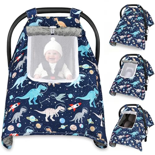 Car Seat Cover Baby, Carseat Covers Baby with 2 Layers Breathable Windows, Windproof Infant Car Seat Cover, Kick-Proof Baby Carrier Cover for Baby Boy Newborn Essentials