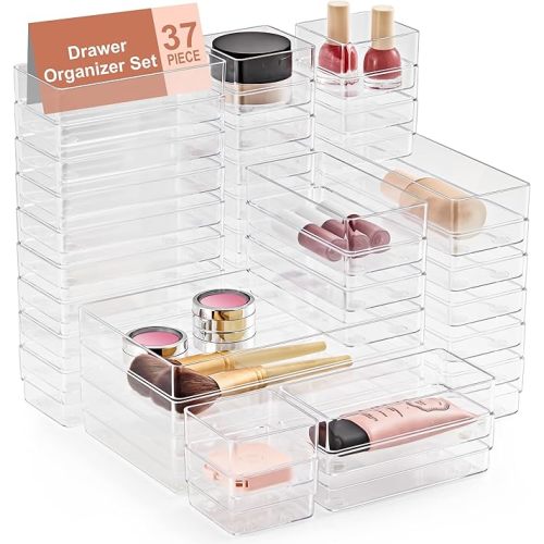 SMARTAKE 37-Piece Drawer Organizer with Non-Slip Silicone Pads, 4-Size Desk Drawer Organizer Trays Storage Tray for Makeup, Jewelries, Utensils in Bedroom Dresser, Office and Kitchen (Clear)