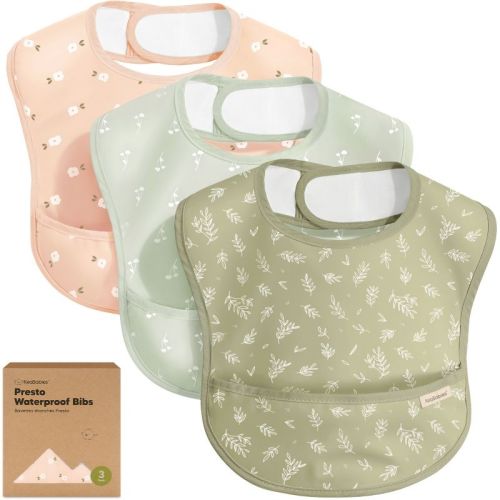 KeaBabies 3pk Presto Baby Bibs Waterproof with Food Catcher, Lightweight Toddler Bibs for Eating, Baby Boys & Girls (Bloom)
