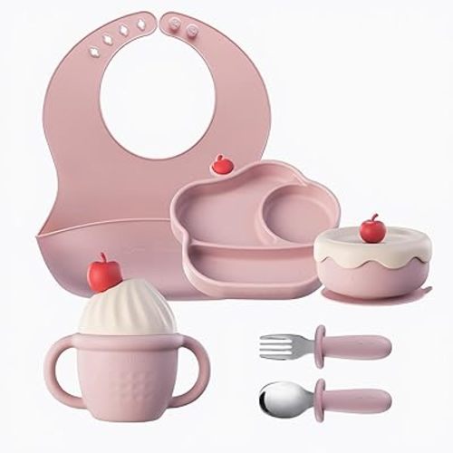 Silicone Baby Feeding Set, Gelato Collection Baby Led Weaning Supplies, First Self-Feeding Ice Cream Set, Silicone Suction Bowl with Cherry Lid & Plate, Straw Cup & Bib, Fork & Spoon - Pink