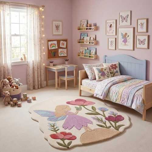 Fairy Kids Rug – Floral Butterfly Rug for Nursery, Playroom & Bedroom | Soft Wool Handmade Cute Pile Rug, Costom Size Area Rug 4x6 5x7 6x9 .