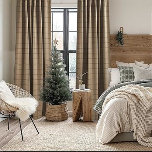 KGORGE 100% Blackout Plaid Curtains 84 inches Long Checked Drapes, Farmhouse Room Darkening Privacy Gingham Window Treatment for Bedroom Living Room Nursury Vintage, Linen, W52 x L84, 2 Panels
