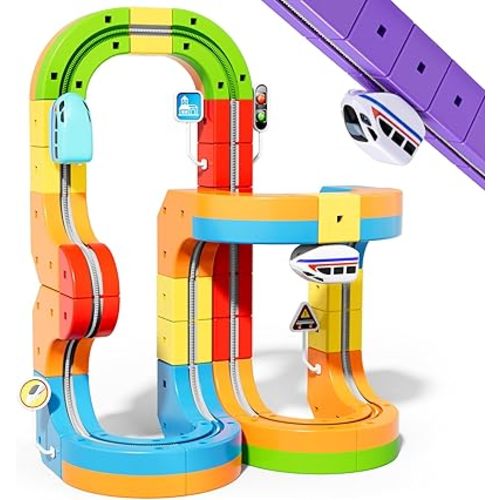 KlickRail Electric Train Set Flexible Race Track for Kids 4 6 7 8, 48 Pcs Car Track for Toddlers 3-5, Building Toy Train Track Gravity-Defying 3D Embedded Layouts & Motorized Car, STEM Easter Gift