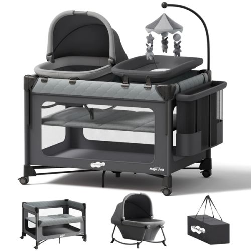 Pamobabe Pack and Play with Bassinet - 7 in 1 One-Step Setup Bedside