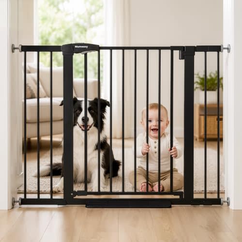 Mumeasy 29.7-46" Baby Gate for Stairs, Auto Close Dog Gate for Doorways | Dual Lock System, Pressure Mounted Walk Through Pet Gate, Extra Wide Metal Child Safety Gate, Mom's Choice Awards Winner